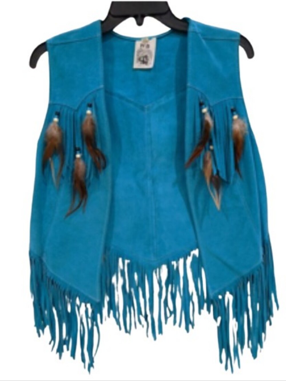 Medium Vintahe Blue Fringe Vest with Feathers